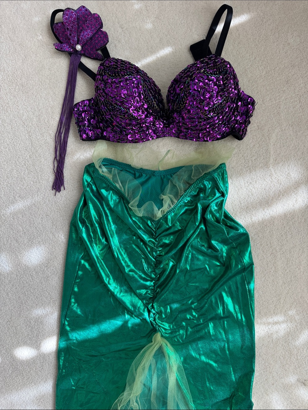 Ariel Little Mermaid Costume with Purple Sequin Bra Top and Green Slit Skirt XS